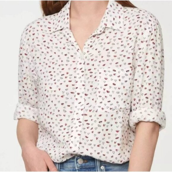 beachlunchlounge Tops - BEACHLUNCHLOUNGE Alanna Love Bites Button Up Shirt White Hearts Lip Women Medium